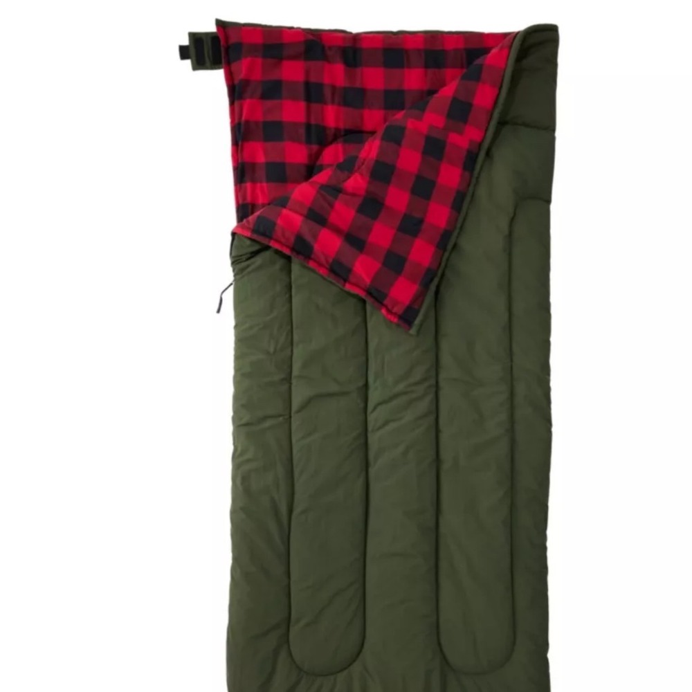 LL Bean Kids Camp Bag Sleeping Bag Olive Green Red Buffalo Plaid Flannel 52x58"